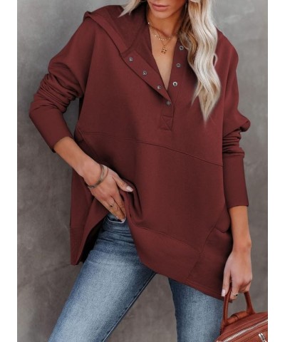 Womens Oversized Sweatshirt Hoodies Casual Button V Neck Hooded Pullover Tops with Pocket B-red $24.77 Hoodies & Sweatshirts