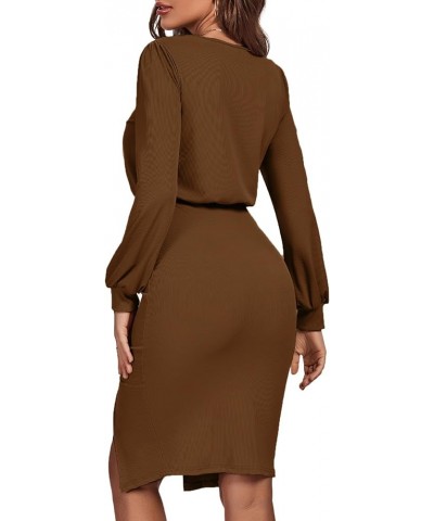 Women's Puff Long Sleeve Ruched Split Side Crewneck Ribbed Knit Midi Dress Brown $20.09 Dresses