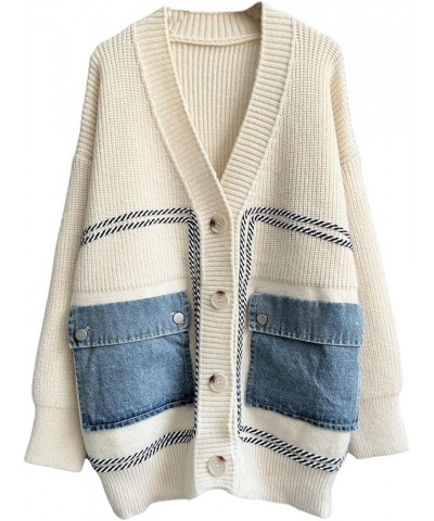 Women's Open Front Cardigan Oversized Button Down Denim Jean Patchwork Sweater Coat Beige $22.44 Sweaters