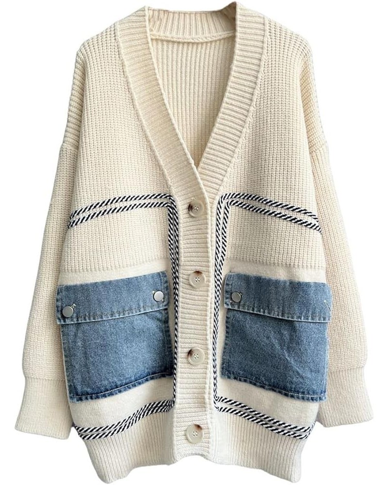 Women's Open Front Cardigan Oversized Button Down Denim Jean Patchwork Sweater Coat Beige $22.44 Sweaters