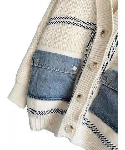 Women's Open Front Cardigan Oversized Button Down Denim Jean Patchwork Sweater Coat Beige $22.44 Sweaters