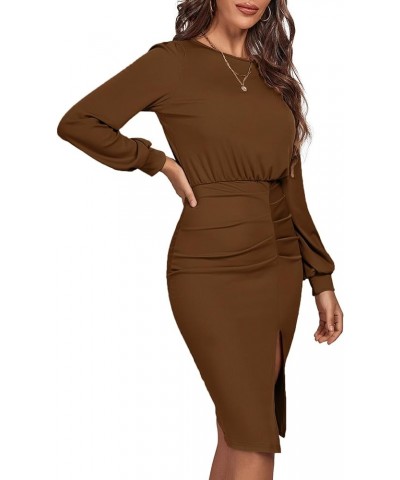 Women's Puff Long Sleeve Ruched Split Side Crewneck Ribbed Knit Midi Dress Brown $20.09 Dresses