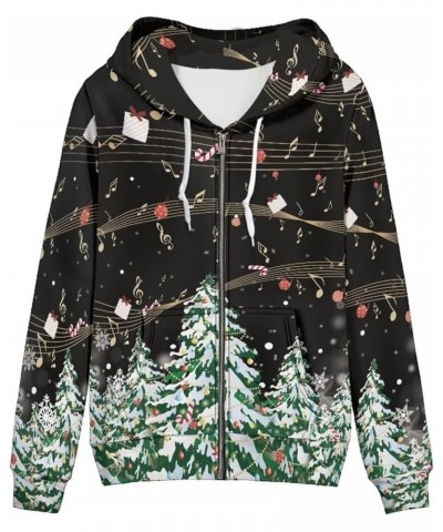 Women Zip Up Hoodies Casual Oversized Long Sleeve Jacket Loose Drawstring Sweatshirt with Pockets Christmas Tree Music Notes ...