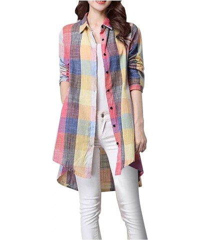 Button Top Mid-Long Lapel Plaid Cardigan Roll Up Long Sleeve Top for Women with Pocket Tunic Tops 2_yellow_33 $8.47 Sweaters