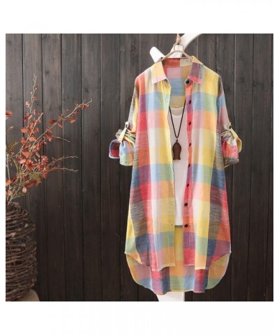 Button Top Mid-Long Lapel Plaid Cardigan Roll Up Long Sleeve Top for Women with Pocket Tunic Tops 2_yellow_33 $8.47 Sweaters