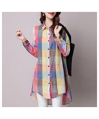 Button Top Mid-Long Lapel Plaid Cardigan Roll Up Long Sleeve Top for Women with Pocket Tunic Tops 2_yellow_33 $8.47 Sweaters