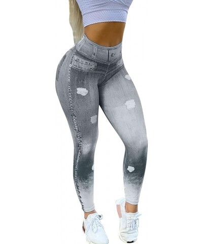 High Waisted Leggings for Women Denim Print Soft Opaque Slim Tights Full Length Butt Lift for Jogging Sports Zr13-grey $6.47 ...