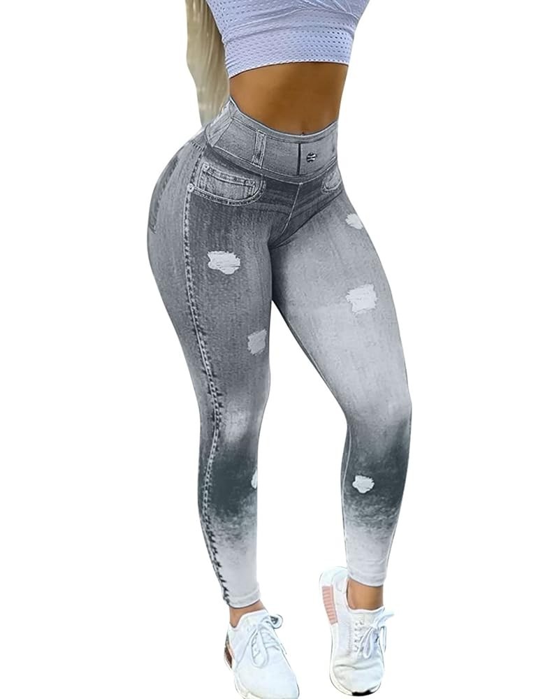 High Waisted Leggings for Women Denim Print Soft Opaque Slim Tights Full Length Butt Lift for Jogging Sports Zr13-grey $6.47 ...