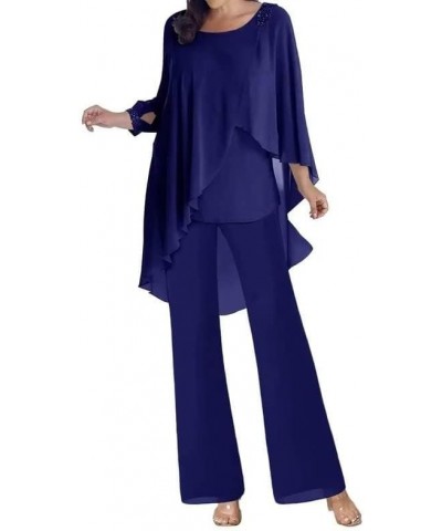 Women's Mother of The Bride Dress 3 Pieces Pant Suits Chiffon Outfit Formal Evening Gowns Wedding Guest Groom Dresses Navy Bl...