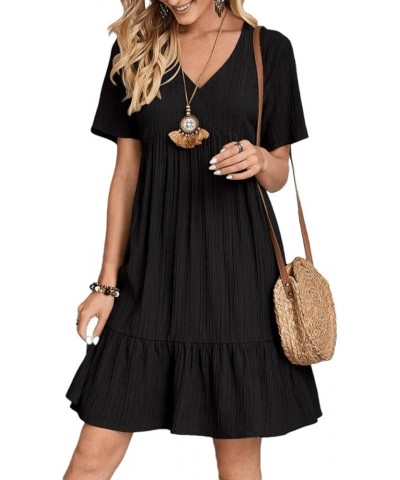 Women Summer Dress V Neck Short Sleeve Ruffle Hem Flowy Swing Dress Swiss Dot Babydoll Chiffon Mini Dress 1 Black $12.99 Dresses