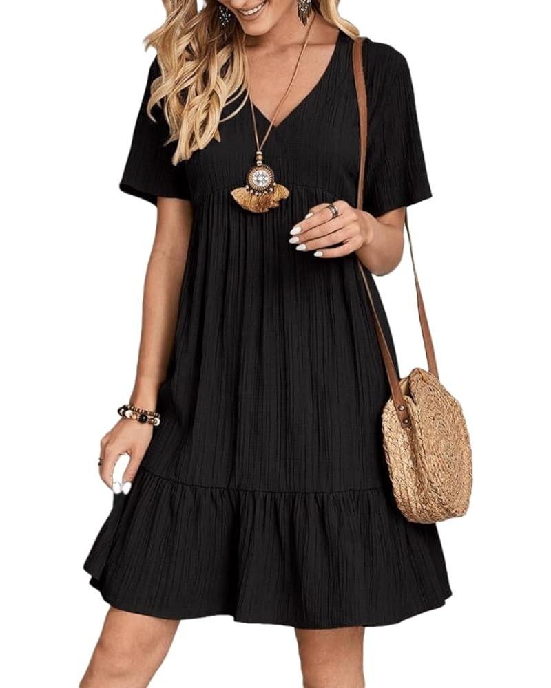 Women Summer Dress V Neck Short Sleeve Ruffle Hem Flowy Swing Dress Swiss Dot Babydoll Chiffon Mini Dress 1 Black $12.99 Dresses