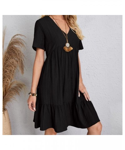 Women Summer Dress V Neck Short Sleeve Ruffle Hem Flowy Swing Dress Swiss Dot Babydoll Chiffon Mini Dress 1 Black $12.99 Dresses