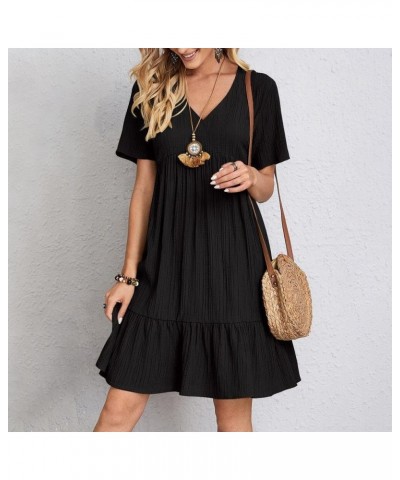 Women Summer Dress V Neck Short Sleeve Ruffle Hem Flowy Swing Dress Swiss Dot Babydoll Chiffon Mini Dress 1 Black $12.99 Dresses