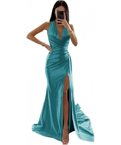 Women's Halter Satin Prom Dress Floor Length Formal Evening Party Gowns with Slit Peacock $28.60 Dresses