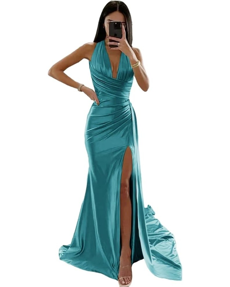 Women's Halter Satin Prom Dress Floor Length Formal Evening Party Gowns with Slit Peacock $28.60 Dresses