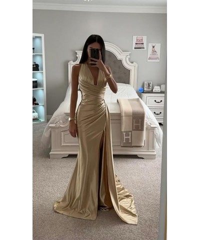 Women's Halter Satin Prom Dress Floor Length Formal Evening Party Gowns with Slit Peacock $28.60 Dresses