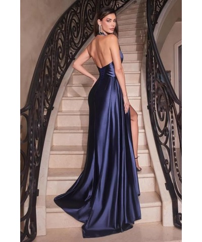 Women's Halter Satin Prom Dress Floor Length Formal Evening Party Gowns with Slit Peacock $28.60 Dresses