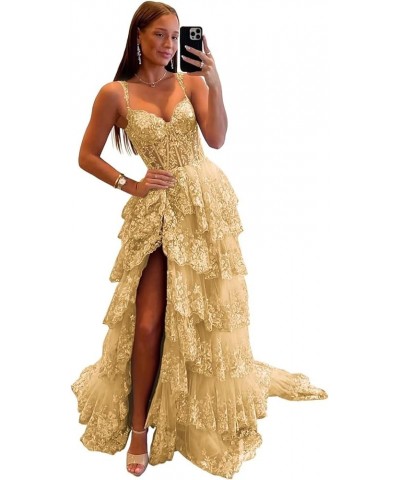 Lace Applique Tiered Tulle Prom Dress 2024 Spaghetti Straps Sweetheart Corset Formal Evening Party Gowns Gold $49.35 Dresses