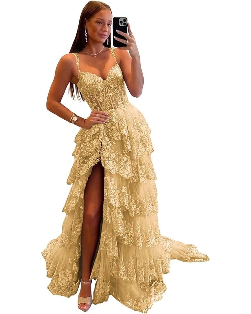 Lace Applique Tiered Tulle Prom Dress 2024 Spaghetti Straps Sweetheart Corset Formal Evening Party Gowns Gold $49.35 Dresses