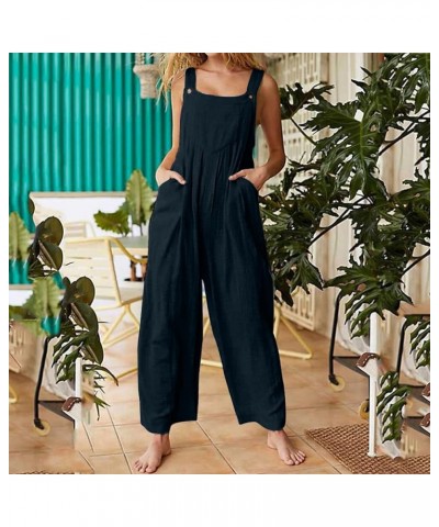 Womens Jumpsuits Loose Jumpsuits for Women Vintage Button Sleeveless Overalls Wide Leg Jumpsuit Overalls with Pockets 02-navy...