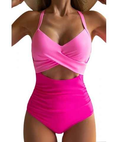 Women's One Piece Swimsuit Tummy Control Cutout High Waisted Bathing Suit Wrap Tie Back Swimsuits B1-hot Pink $9.66 Swimsuits