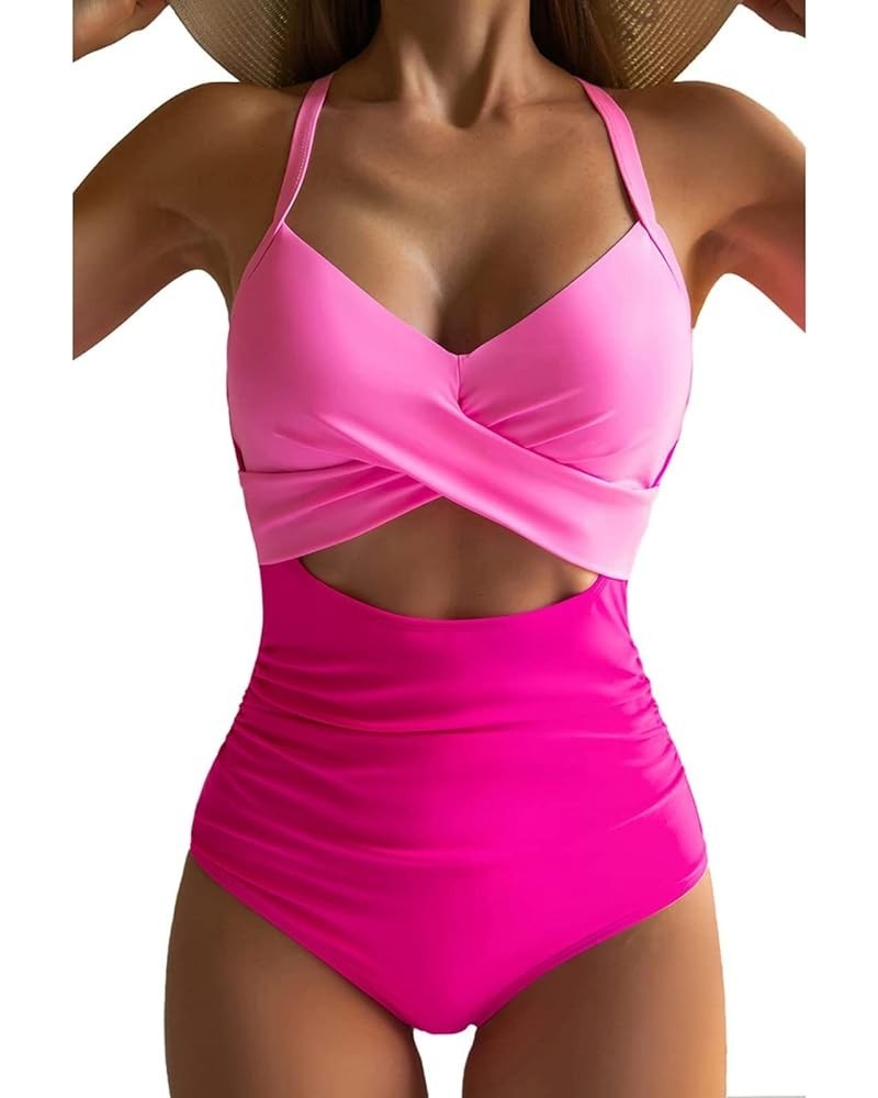 Women's One Piece Swimsuit Tummy Control Cutout High Waisted Bathing Suit Wrap Tie Back Swimsuits B1-hot Pink $9.66 Swimsuits