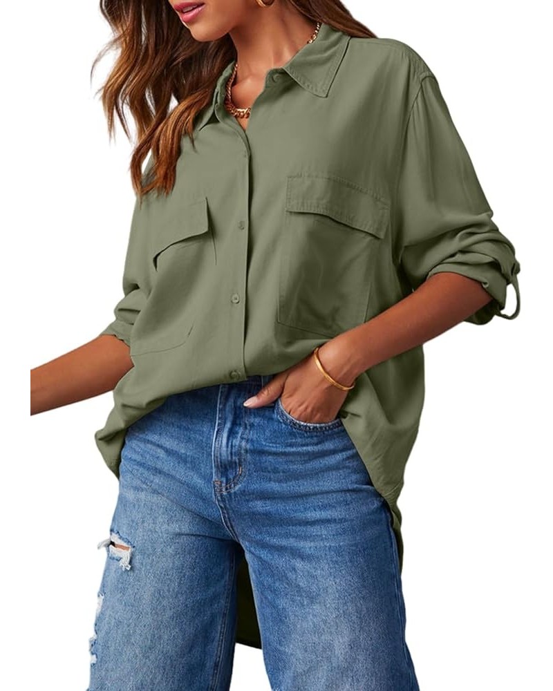 Womens Button Down V Neck Long Sleeve Shirts Boyfriend Oversized Casual Solid Blouses Tops with Pockets Green $19.23 Blouses