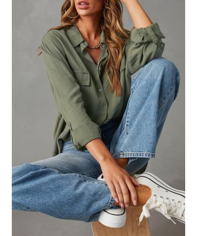 Womens Button Down V Neck Long Sleeve Shirts Boyfriend Oversized Casual Solid Blouses Tops with Pockets Green $19.23 Blouses