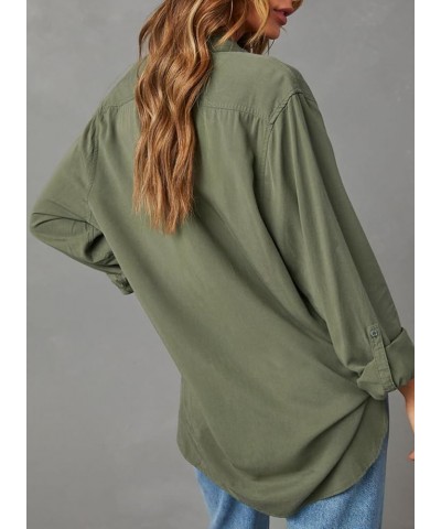 Womens Button Down V Neck Long Sleeve Shirts Boyfriend Oversized Casual Solid Blouses Tops with Pockets Green $19.23 Blouses