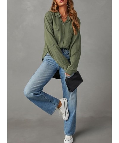 Womens Button Down V Neck Long Sleeve Shirts Boyfriend Oversized Casual Solid Blouses Tops with Pockets Green $19.23 Blouses