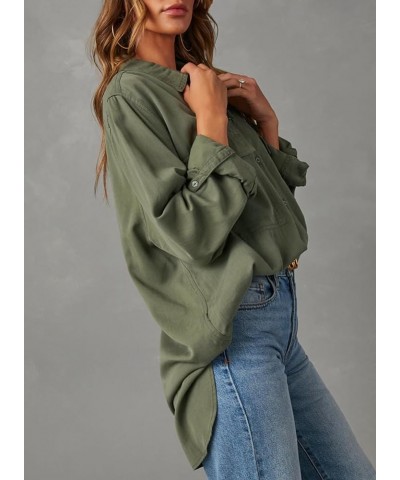 Womens Button Down V Neck Long Sleeve Shirts Boyfriend Oversized Casual Solid Blouses Tops with Pockets Green $19.23 Blouses