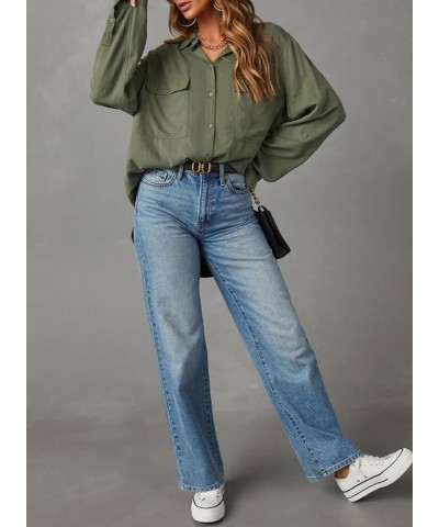 Womens Button Down V Neck Long Sleeve Shirts Boyfriend Oversized Casual Solid Blouses Tops with Pockets Green $19.23 Blouses