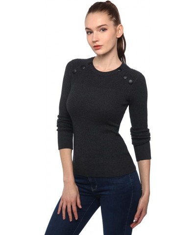 Women Crewneck Button Embellished Ribbed Sweater Dark Gray $13.84 Sweaters