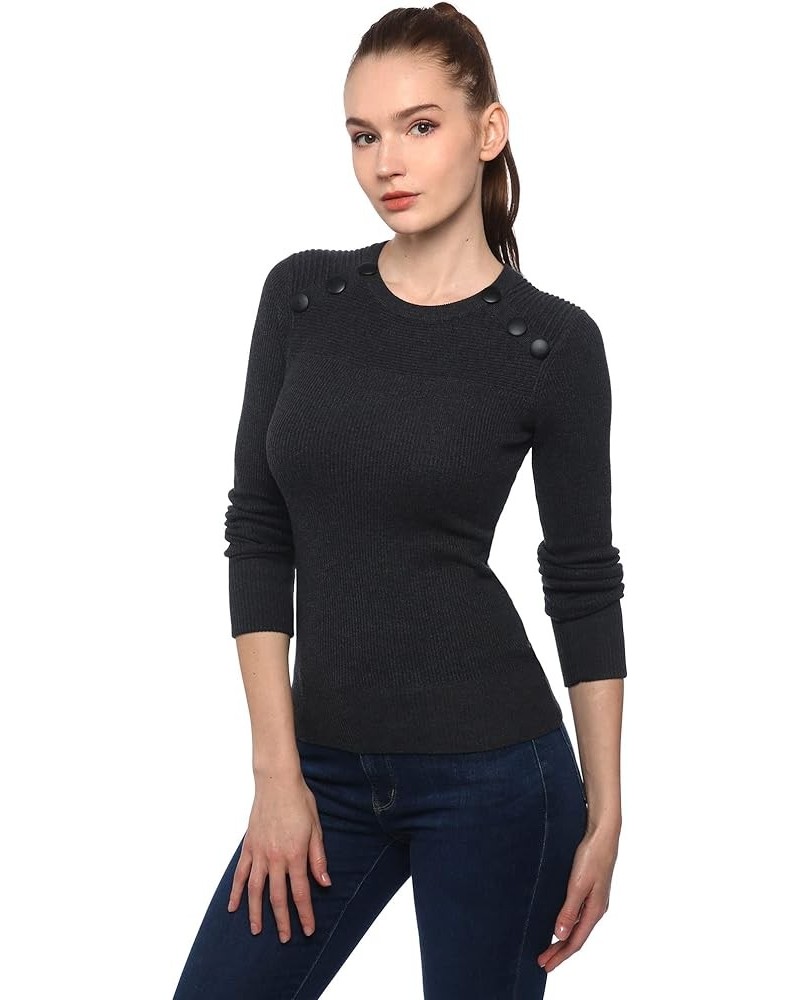 Women Crewneck Button Embellished Ribbed Sweater Dark Gray $13.84 Sweaters