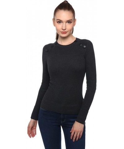 Women Crewneck Button Embellished Ribbed Sweater Dark Gray $13.84 Sweaters