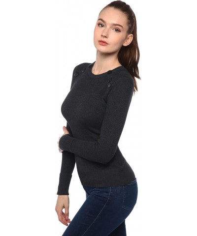 Women Crewneck Button Embellished Ribbed Sweater Dark Gray $13.84 Sweaters