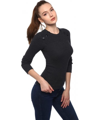 Women Crewneck Button Embellished Ribbed Sweater Dark Gray $13.84 Sweaters