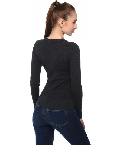 Women Crewneck Button Embellished Ribbed Sweater Dark Gray $13.84 Sweaters