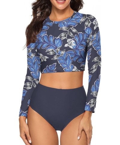 Womens Two Piece Rash Guard Swimsuit Long Sleeve Sun Protection Surfing Swimwear-1 Blue Leaf $16.19 Swimsuits