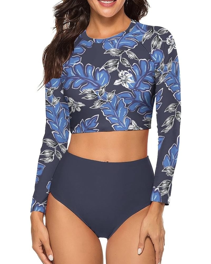 Womens Two Piece Rash Guard Swimsuit Long Sleeve Sun Protection Surfing Swimwear-1 Blue Leaf $16.19 Swimsuits