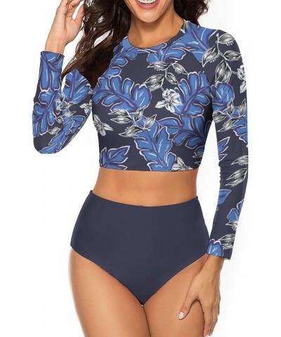 Womens Two Piece Rash Guard Swimsuit Long Sleeve Sun Protection Surfing Swimwear-1 Blue Leaf $16.19 Swimsuits