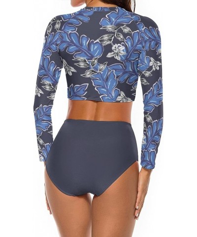 Womens Two Piece Rash Guard Swimsuit Long Sleeve Sun Protection Surfing Swimwear-1 Blue Leaf $16.19 Swimsuits