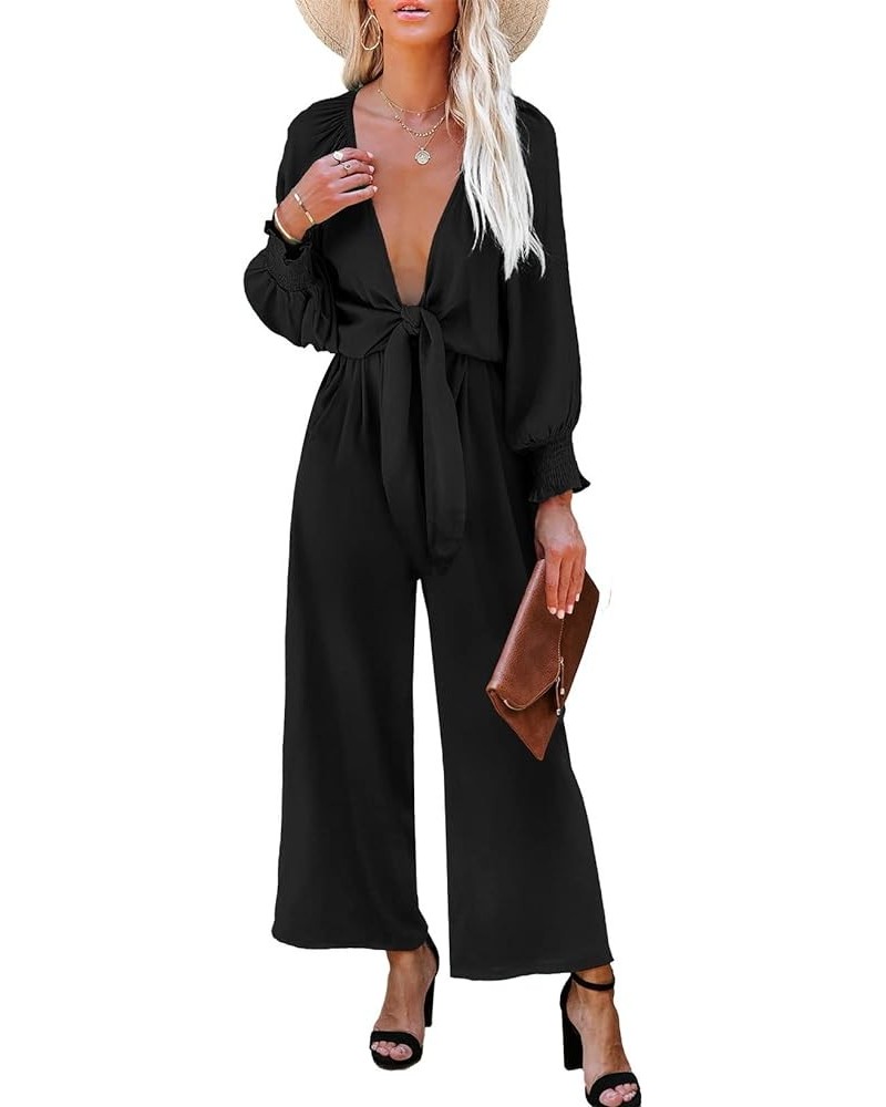 Rompers for Women Dressy Spring Summer Tie Knot Front Sexy V Neck Jumpsuits C Black $26.39 Rompers