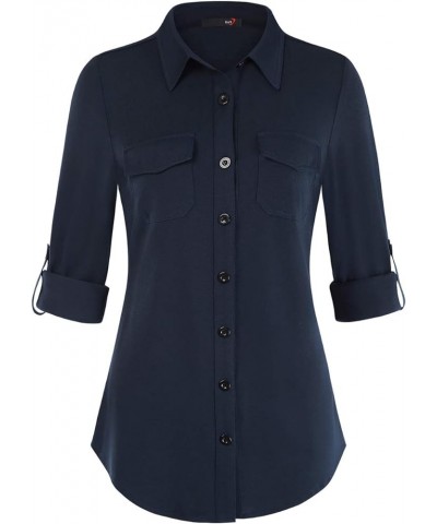 Womens Soft Stretchy Plaid Shirts Roll Up Long Sleeve Collared Button Down Blouses Navy $18.45 Blouses