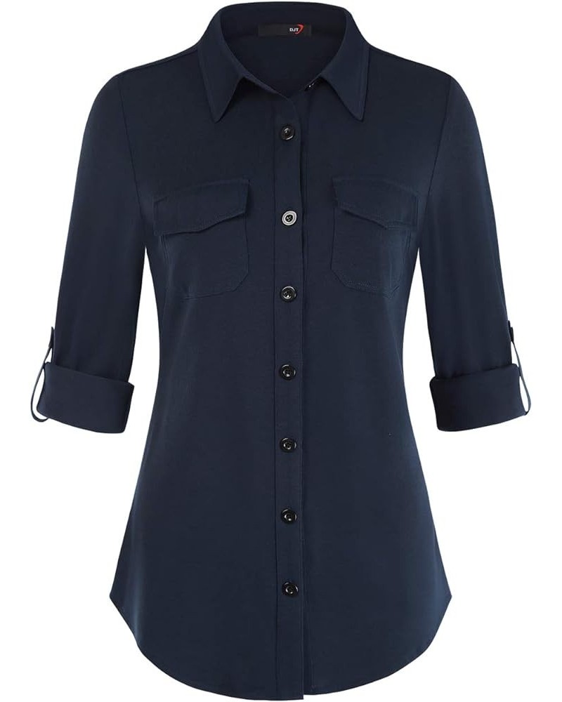 Womens Soft Stretchy Plaid Shirts Roll Up Long Sleeve Collared Button Down Blouses Navy $18.45 Blouses