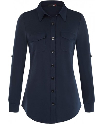 Womens Soft Stretchy Plaid Shirts Roll Up Long Sleeve Collared Button Down Blouses Navy $18.45 Blouses