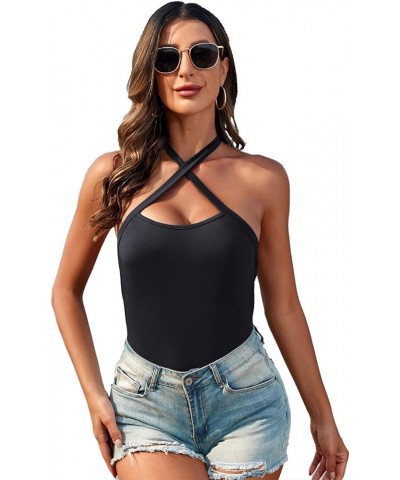 Women's Sexy Criss Cross Sleeveless Halter Neck Bodysuits - Stylish Summer Tank Tops Black $10.00 Tanks