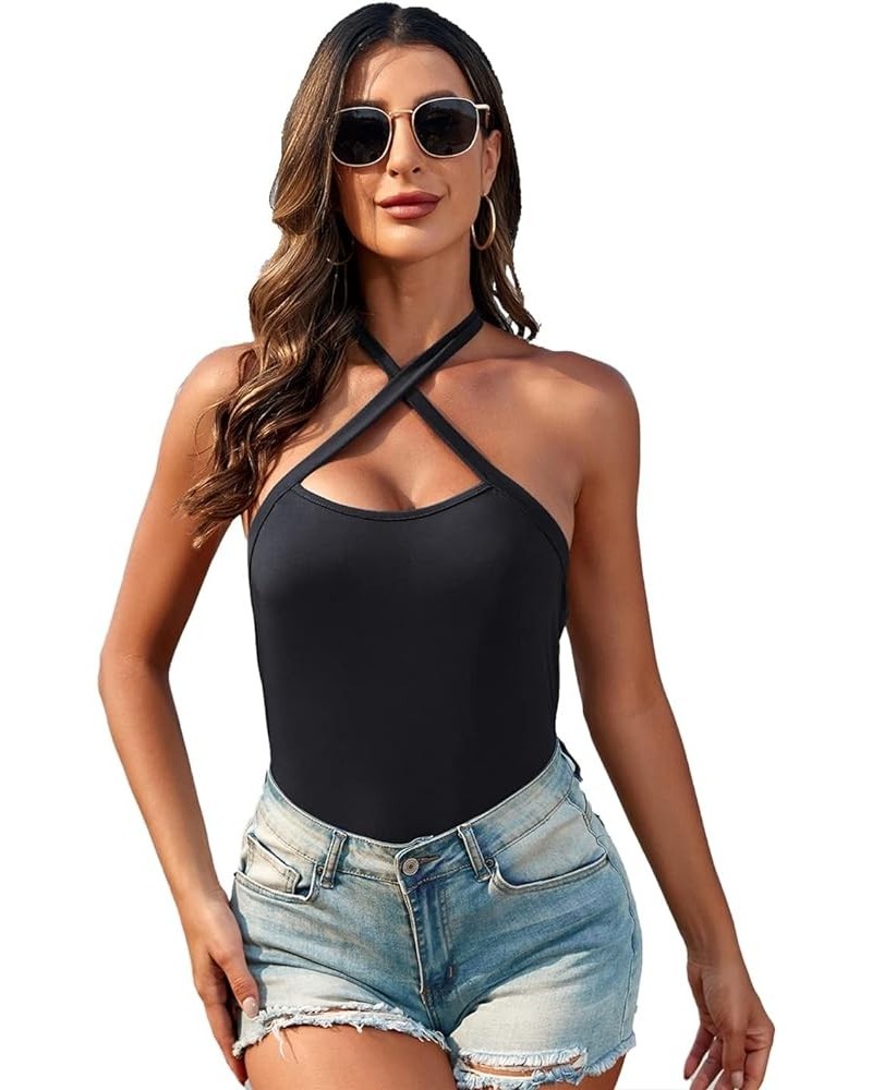 Women's Sexy Criss Cross Sleeveless Halter Neck Bodysuits - Stylish Summer Tank Tops Black $10.00 Tanks