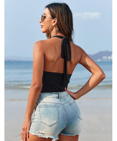 Women's Sexy Criss Cross Sleeveless Halter Neck Bodysuits - Stylish Summer Tank Tops Black $10.00 Tanks