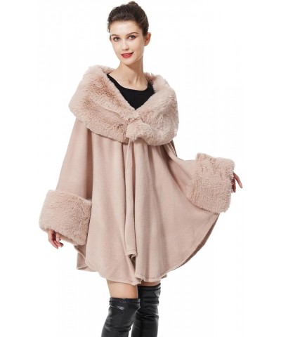 Women Cape Poncho with Fur Trim Winter Faux Fur Shawl Wrap Coat Sleeveless Cardigan Cloak Pink-new Update $31.28 Coats